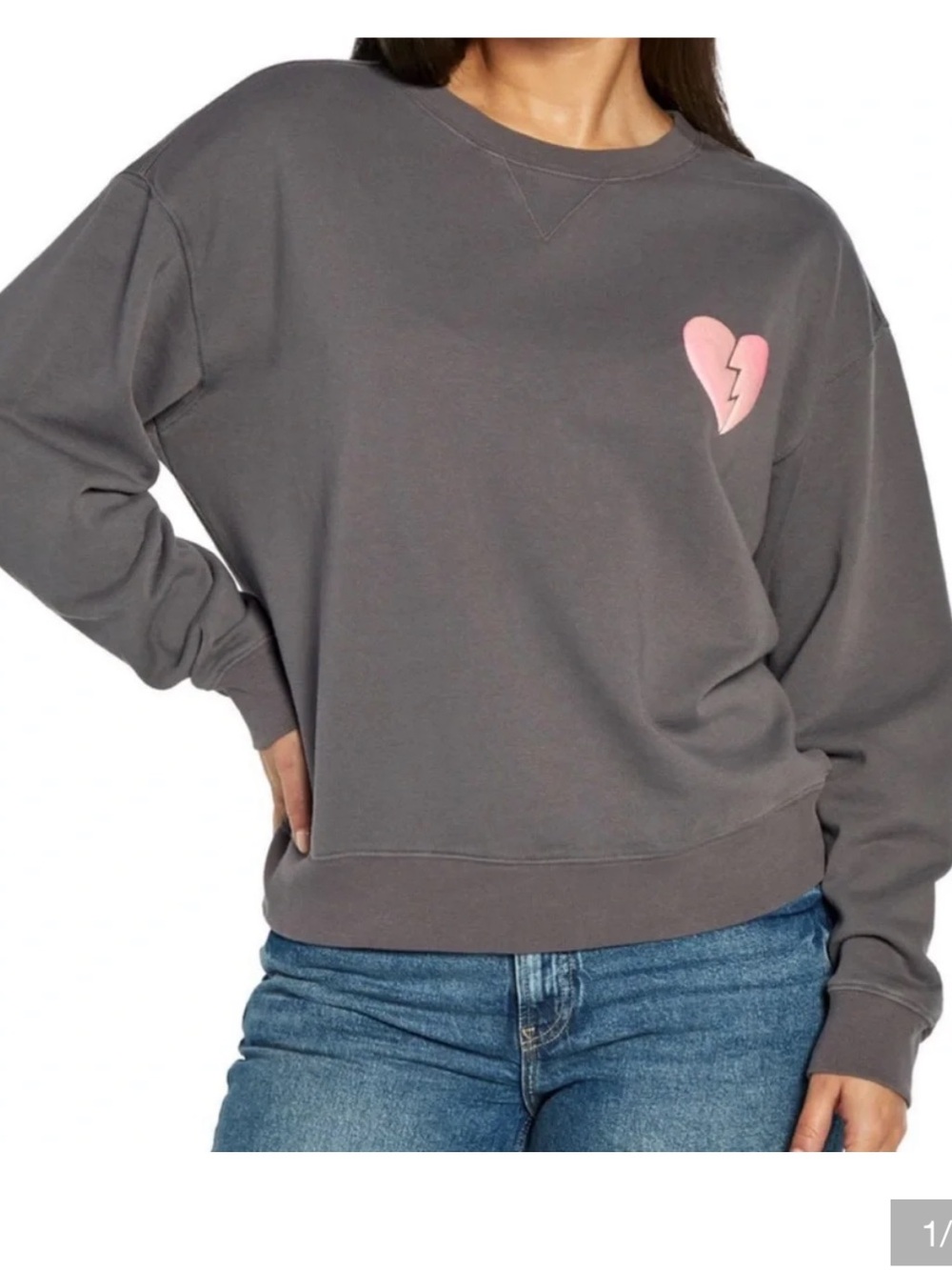 Wildfox Gray Cotton Crewneck Sweatshirt with Pink Broken-Heart Medium New
